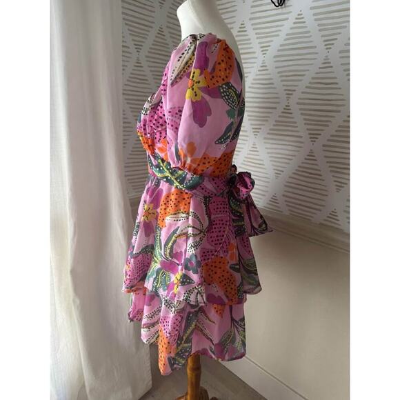 Crystal Sky Women’s Medium Tropical Print Puff Sleeve Tie Back Mini Dress - Picture 4 of 6